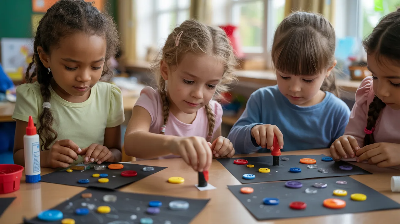 Children gluing colorful buttons on paper to create planet craft.
