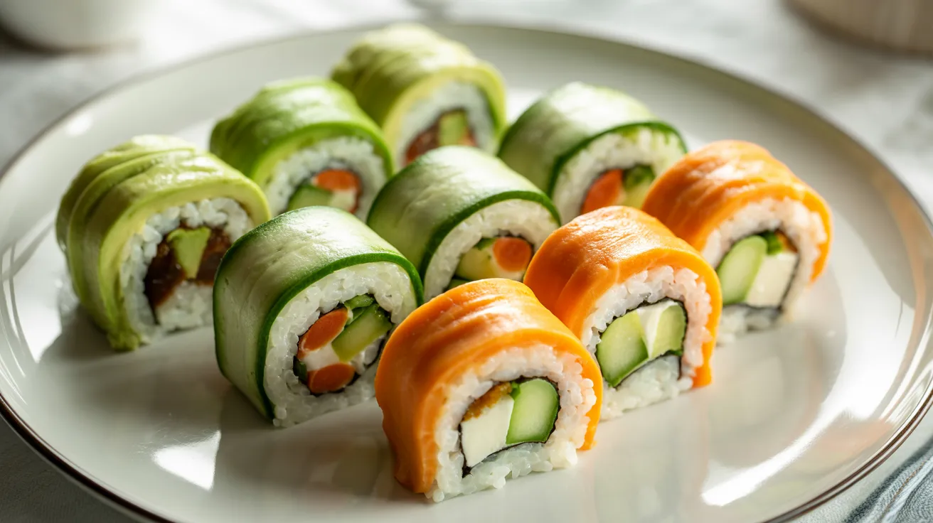 Assorted sushi platter showing vegetarian, cooked, and low-mercury options