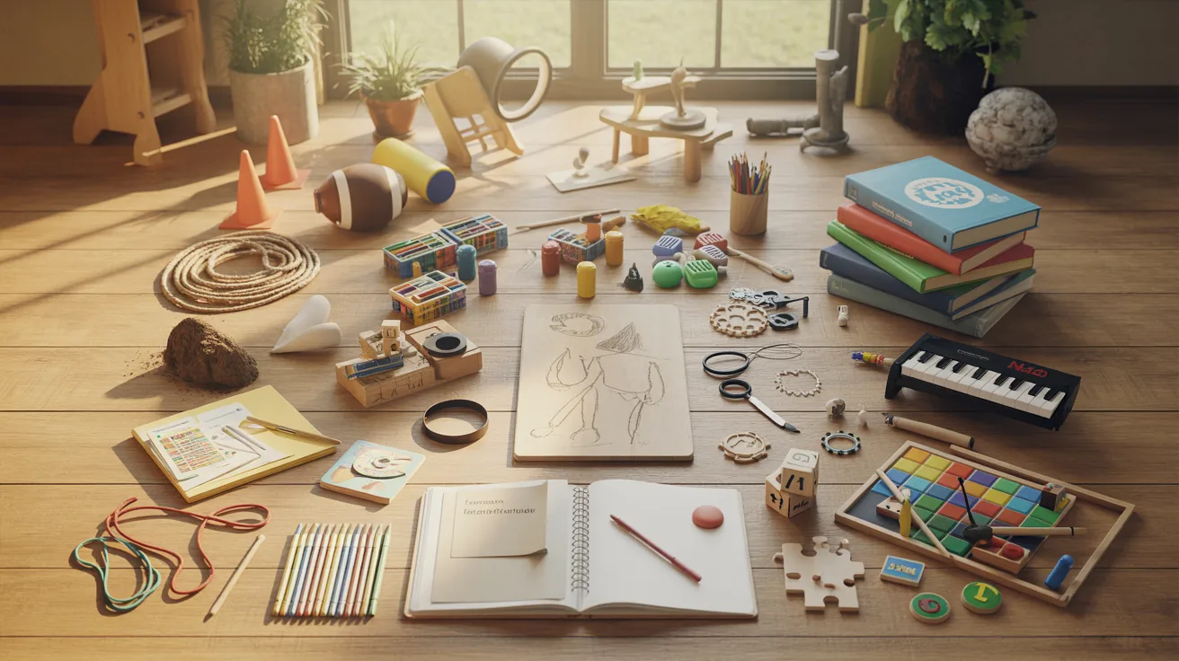 Floor filled with various creative items and objects scattered together, forming a mixed artistic and experimental setup with a cluttered yet imaginative workspace atmosphere.