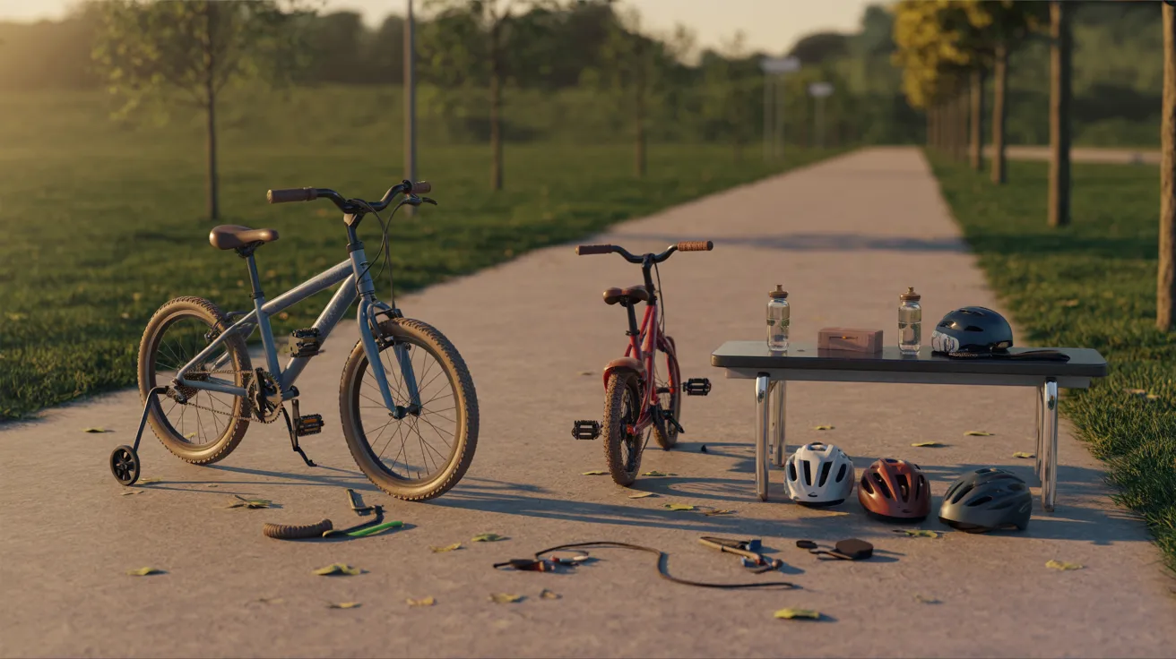 Cycling setup featuring bicycles prepared in an open outdoor space, designed for riding practice, physical fitness, and recreational activity.