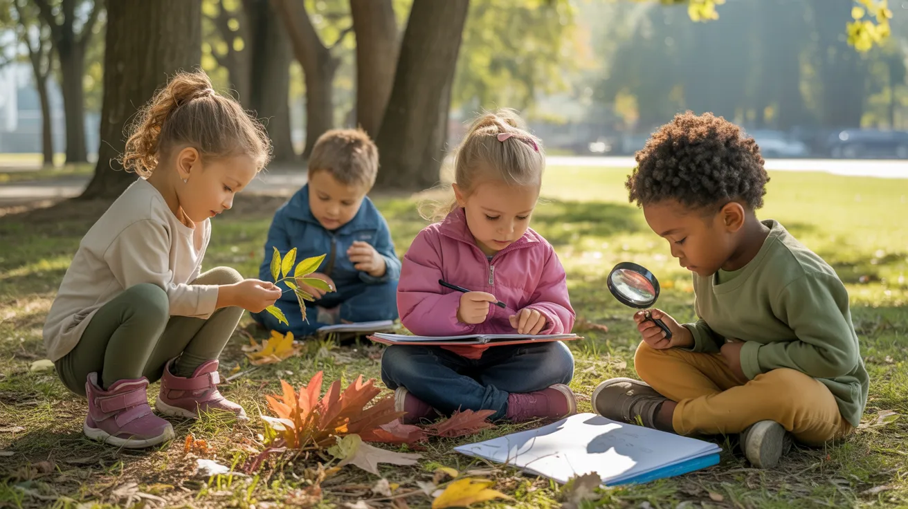 Children learning in nature counting leaves, observing plants, and writing notes outside in a park, sunny peaceful environment.