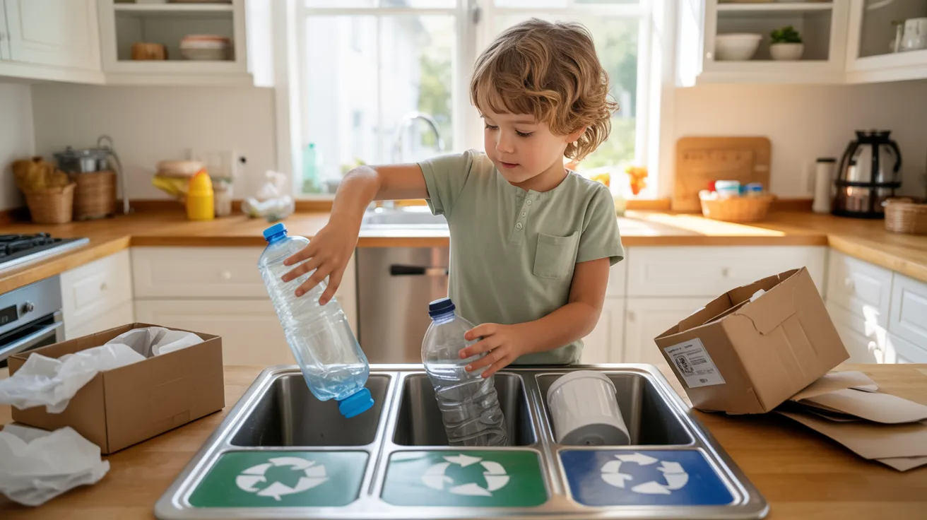 Child sorting recycling items as life skills activity for kids.