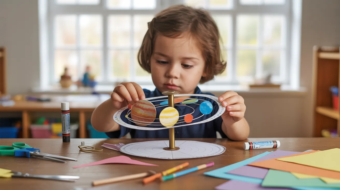 Child making spinning solar system wheel craft with planets.