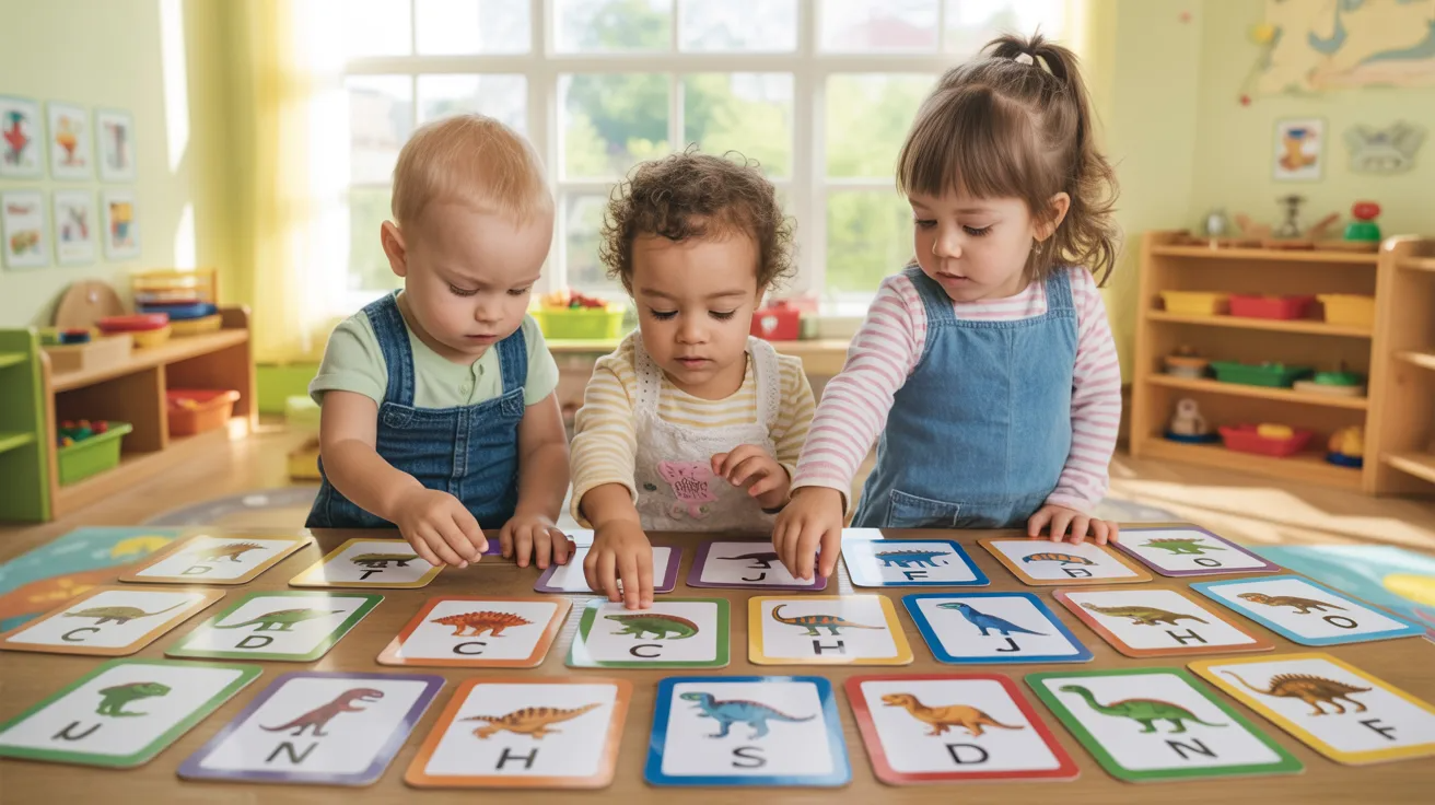 Preschool children matching dinosaur cards with letters during a dinosaur themed activity.