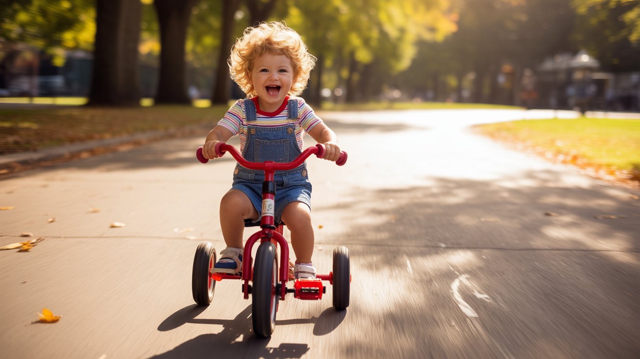 A toddler rides a red tricycle down a road, enjoying a sunny day outdoors.