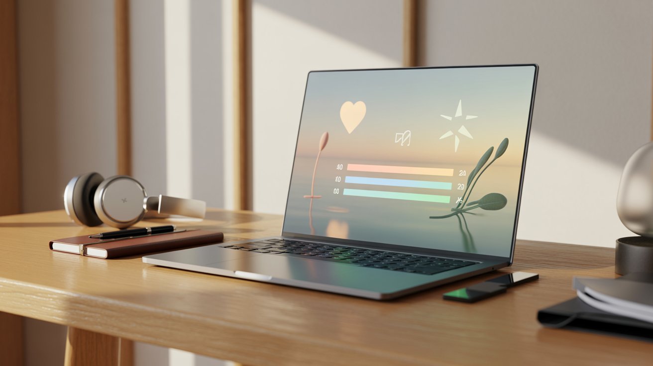 Laptop on a desk displaying a heart on the screen, symbolizing love or affection.