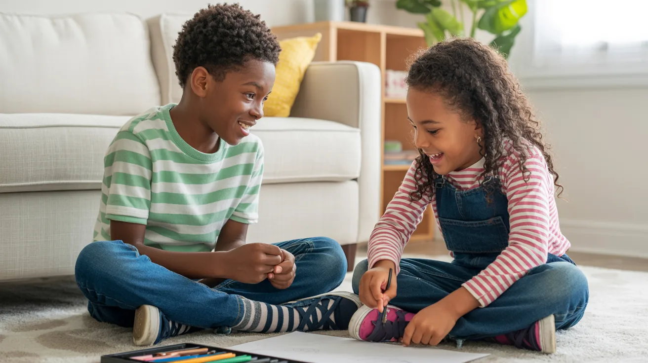 One child patiently teaching another child how to draw while sitting together and sharing a supportive learning moment