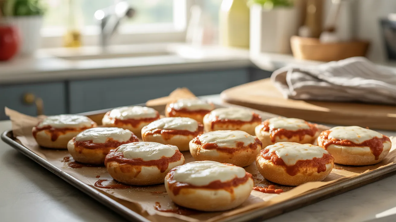 Mini pizza bites on English muffins as a fun toddler meal prep snack.