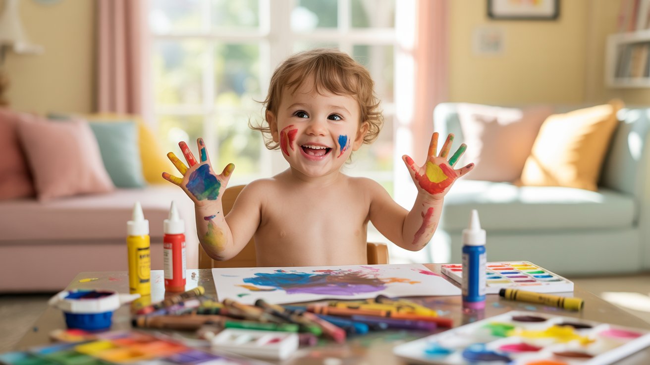 toddler painting with colorful hands during fun indoor art activity
