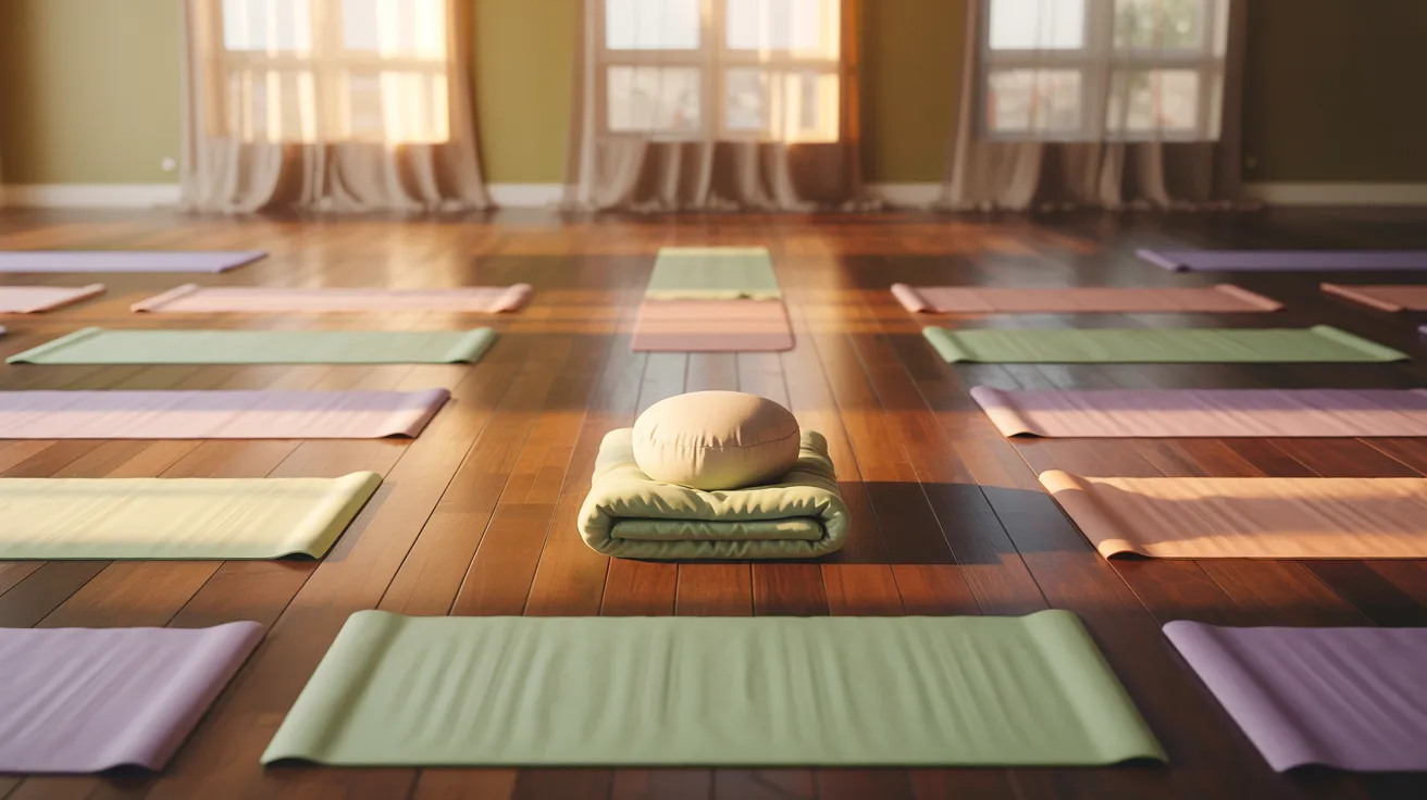 Kids yoga setup with mats arranged in a calm indoor or outdoor space, designed for guided stretching, mindfulness, and basic yoga exercises for children.