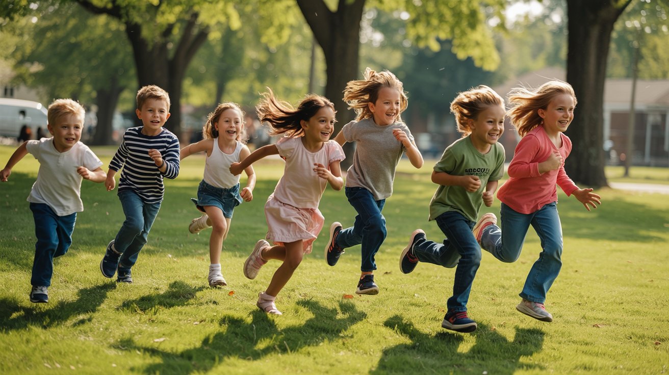 Kids split into teams chasing each other in a cops and robbers game
