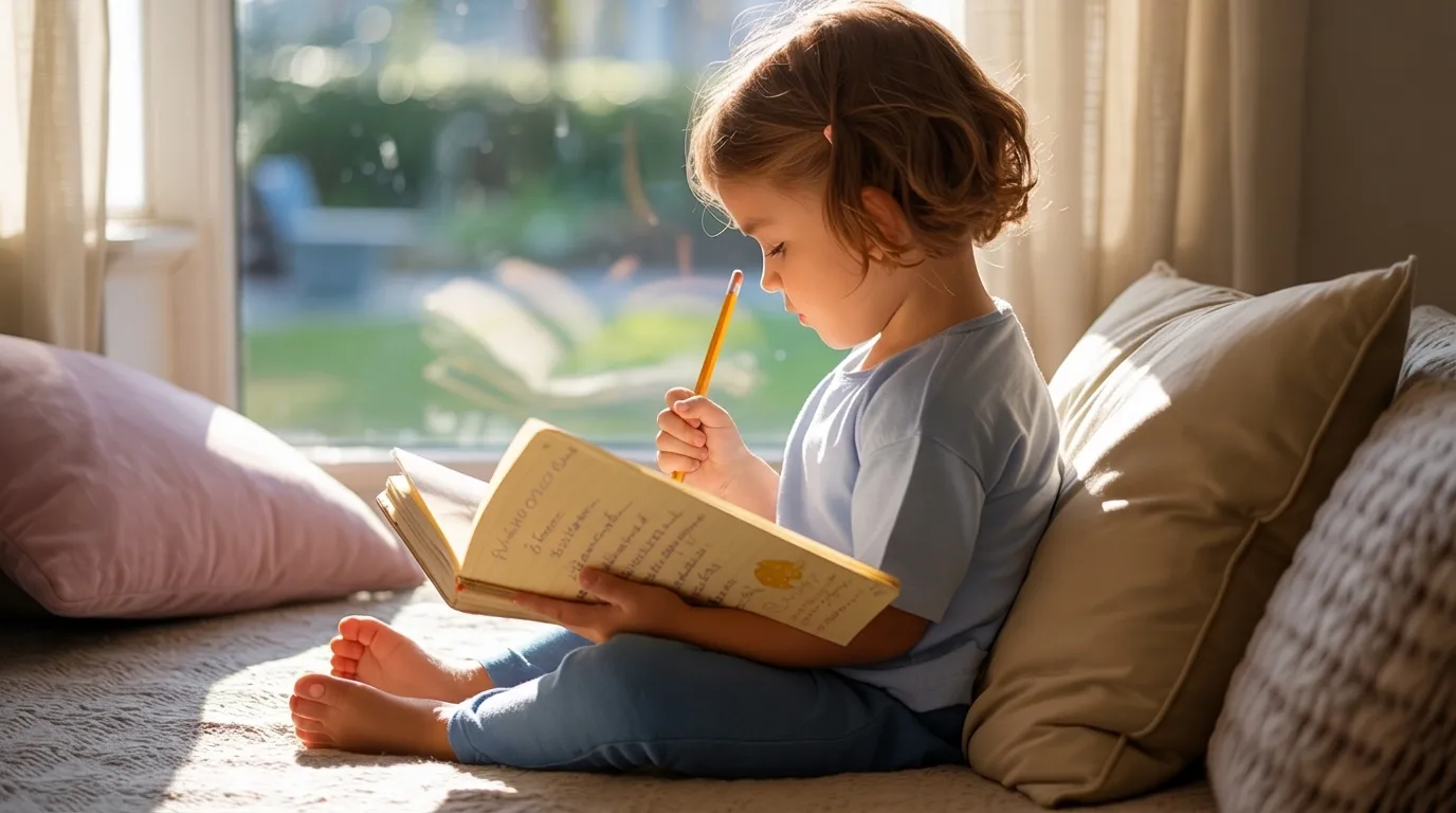 Child writing in a gratitude journal while reflecting on positive moments in a calm and peaceful environment
