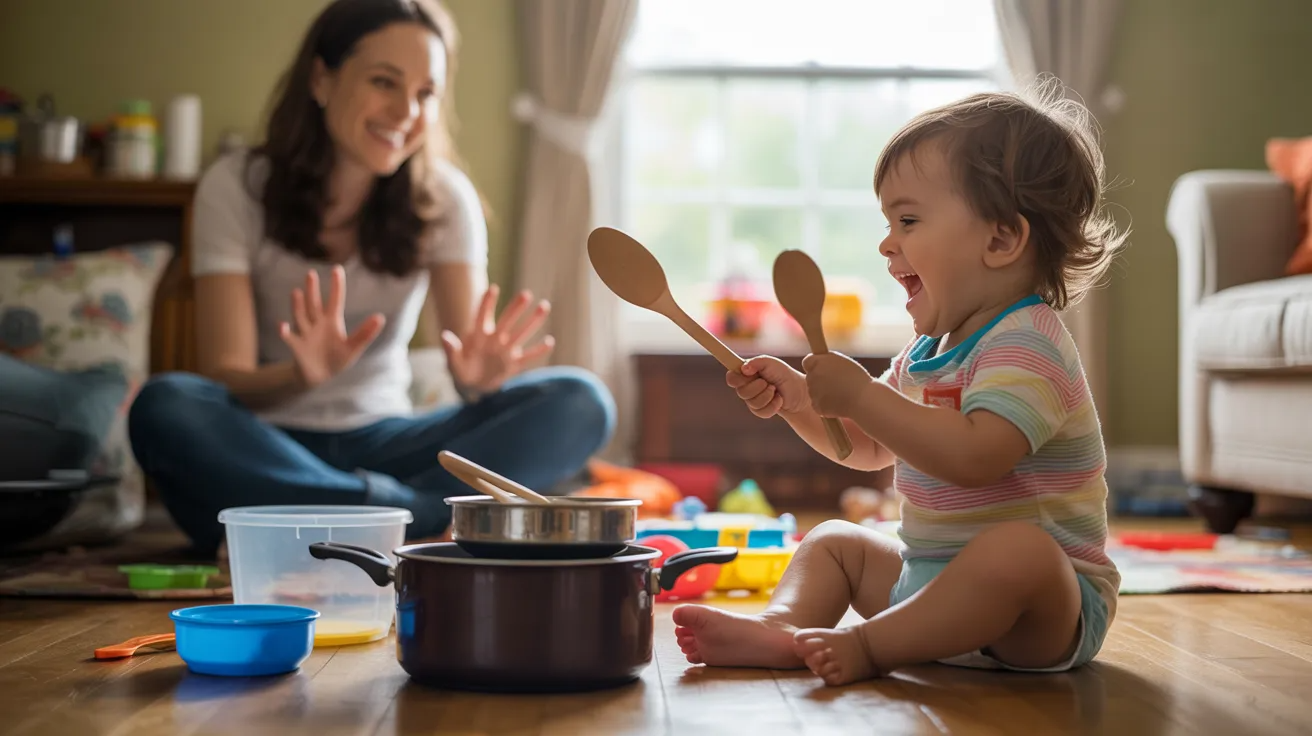 15-month-old toddler making music with kitchen items during a fun activity at home.