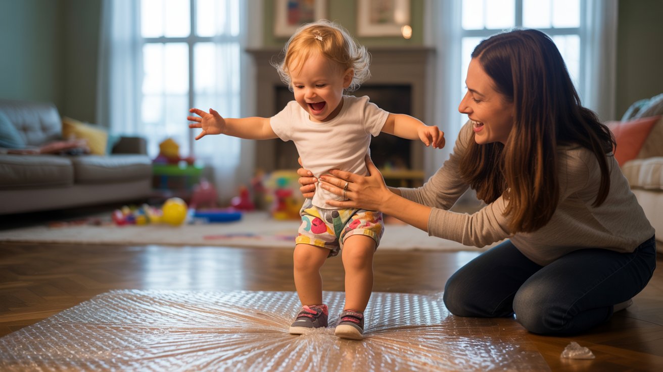 toddler stomping on bubble wrap for fun activity