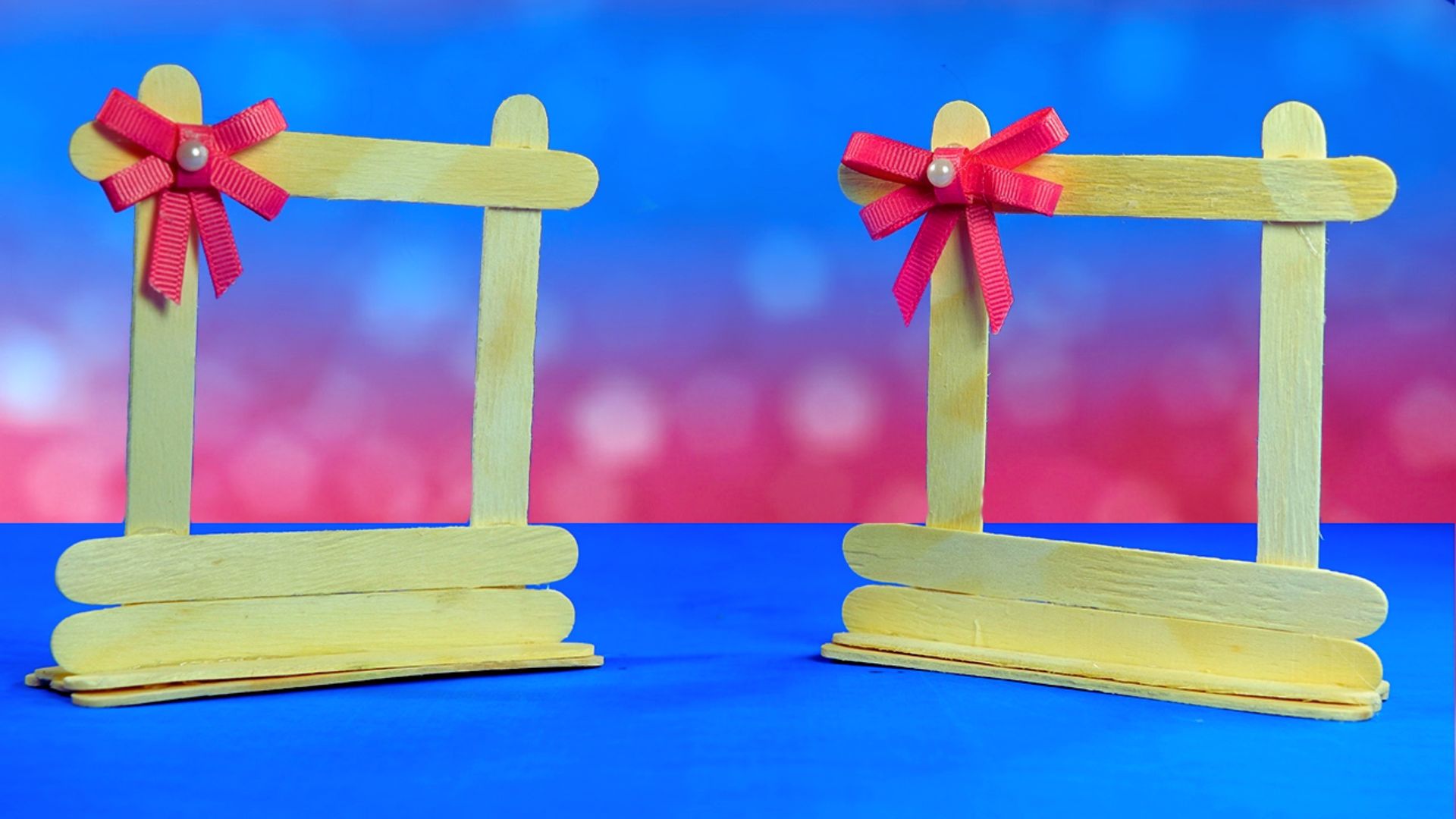 Two wooden frames adorned with pink bows, elegantly displayed side by side.