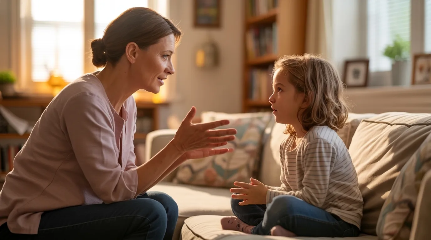 Parent or teacher explaining respect to a child who is listening carefully during a calm and meaningful conversation in a warm setting