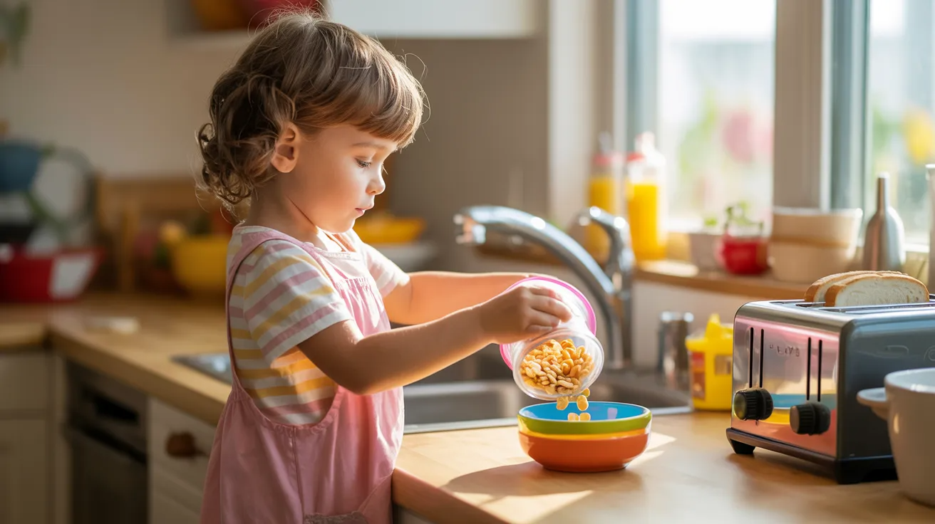 Child making simple breakfast as life skills activity for kids.