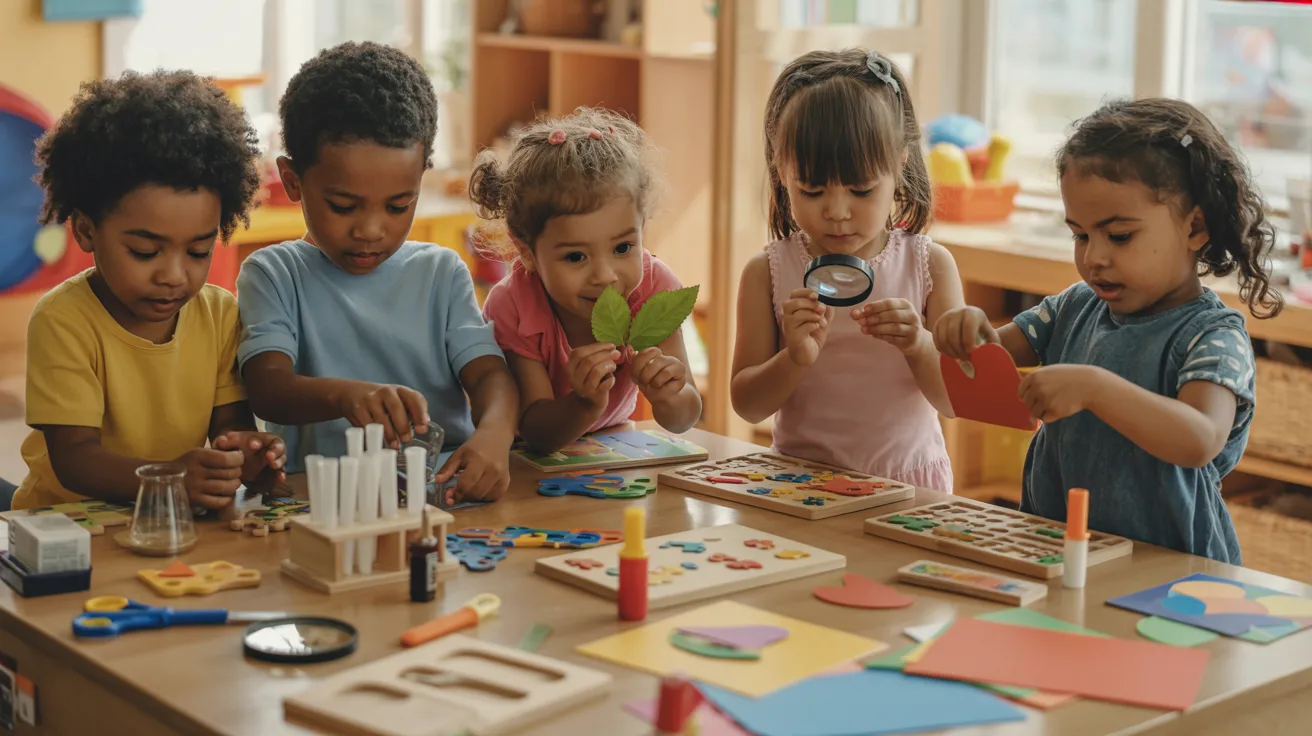 Kids engaged in hands-on interactive activity tables with puzzles, science kits, and crafts, focused and curious expressions.