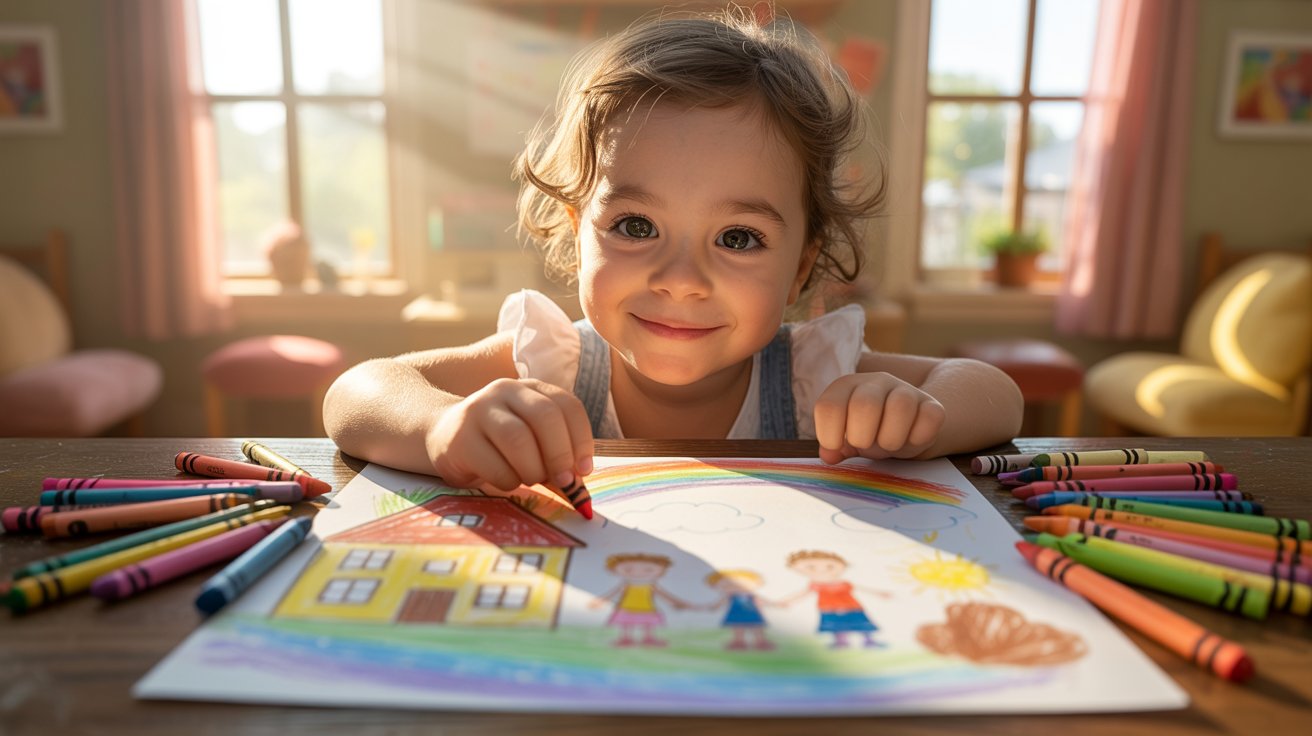 A young girl is focused on drawing with crayons on a piece of paper spread out on a table.