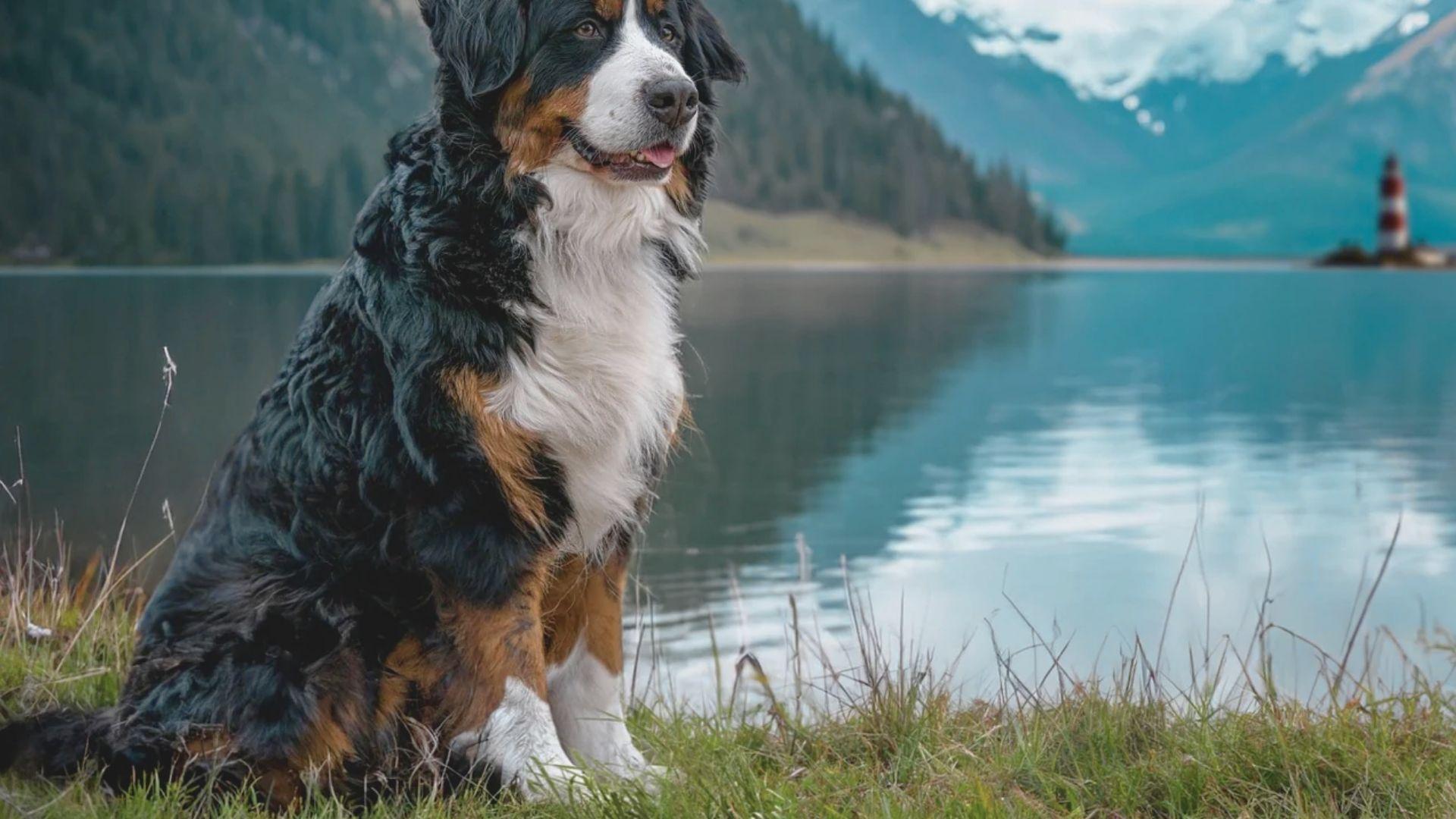 A dog sitting on green grass beside a tranquil lake, enjoying the serene outdoor environment.