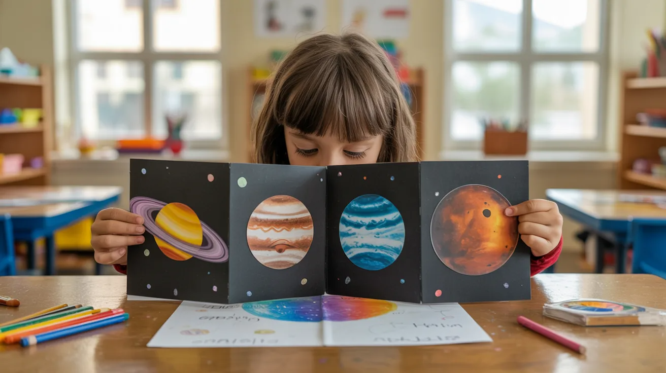 Child flipping through handmade solar system flip book with planets.