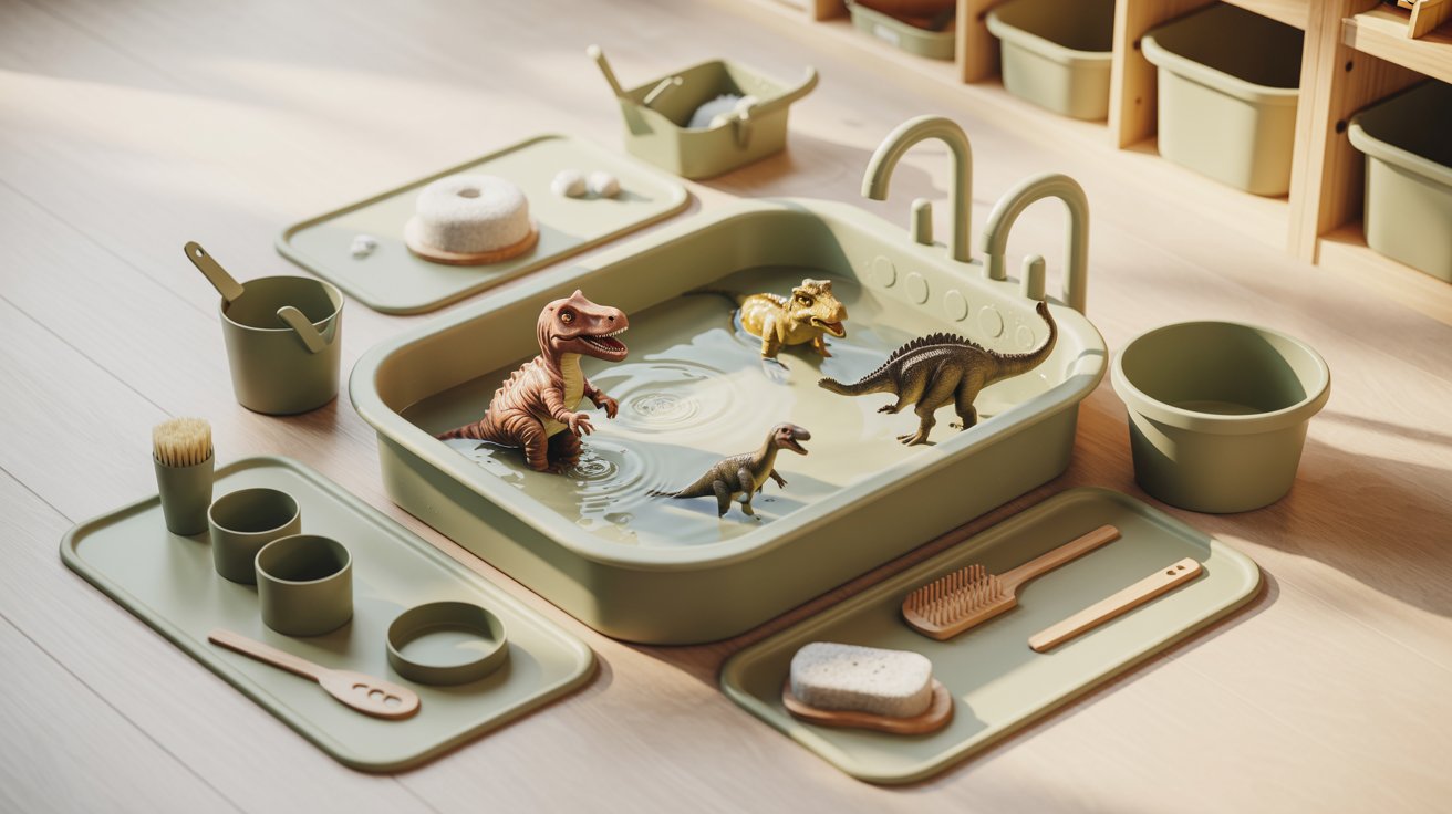A table displaying colorful dinosaur toys alongside various paint supplies and a tiny tub with water.