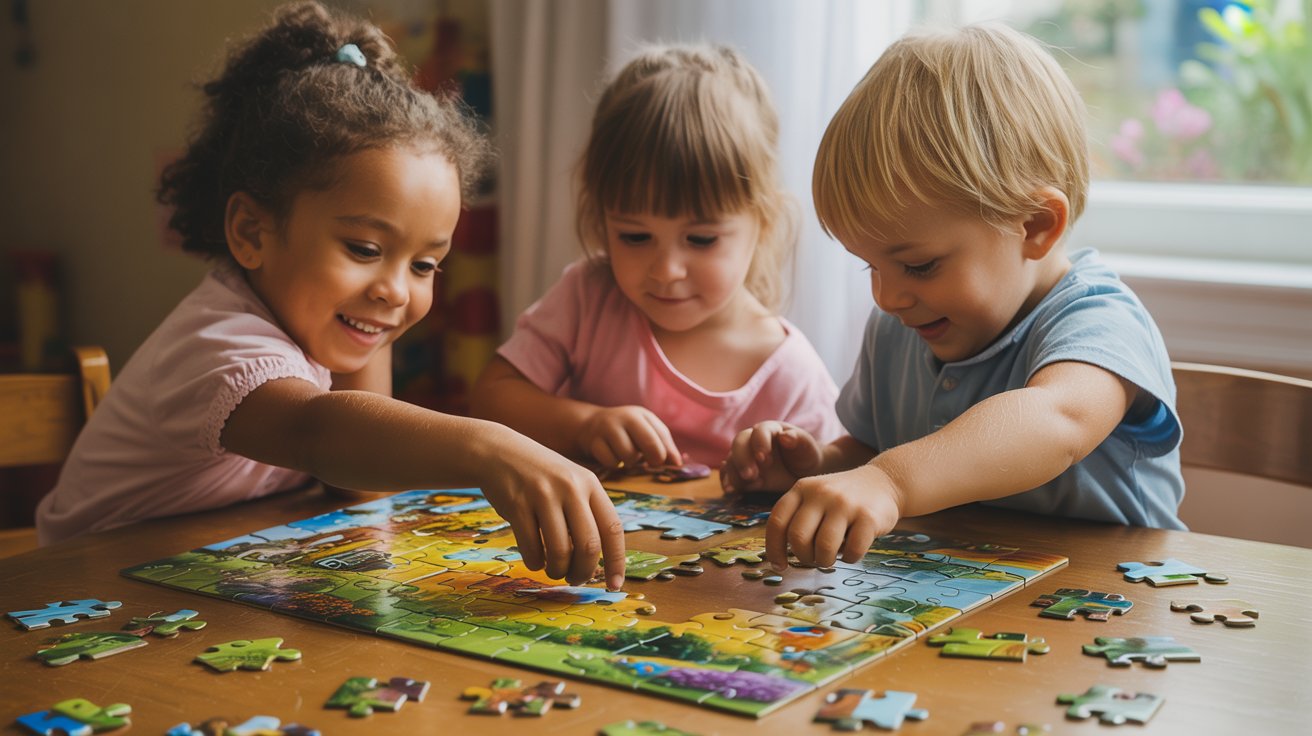 Children engaged in play, assembling a colorful puzzle together at a table.