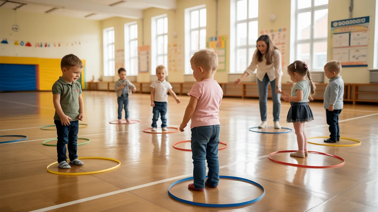 Floor with multiple circles marked using tape, children standing in different circles at varying distances, teacher guiding activity, classroom or gym setting