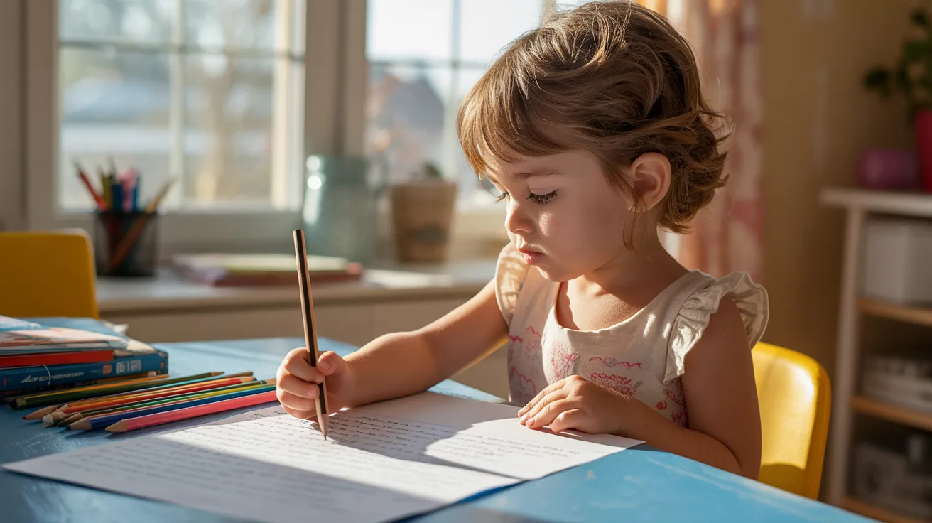 Young child sitting at a desk writing a heartfelt appreciation letter with sunlight coming through the window in a warm home