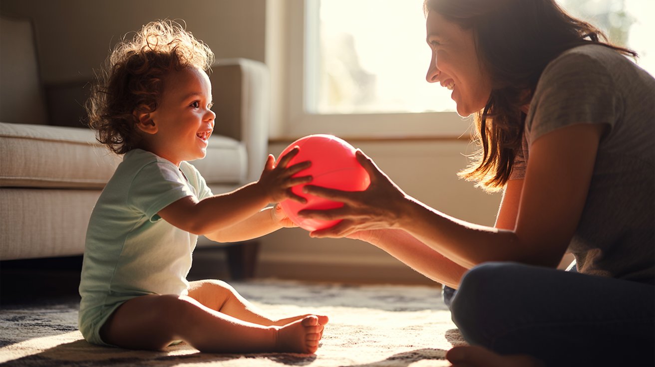 parent and toddler playing ball rolling game together
