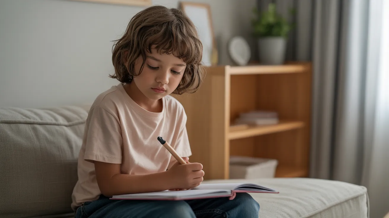 Child sitting calmly and thinking quietly in a peaceful room while reflecting and practicing self-awareness