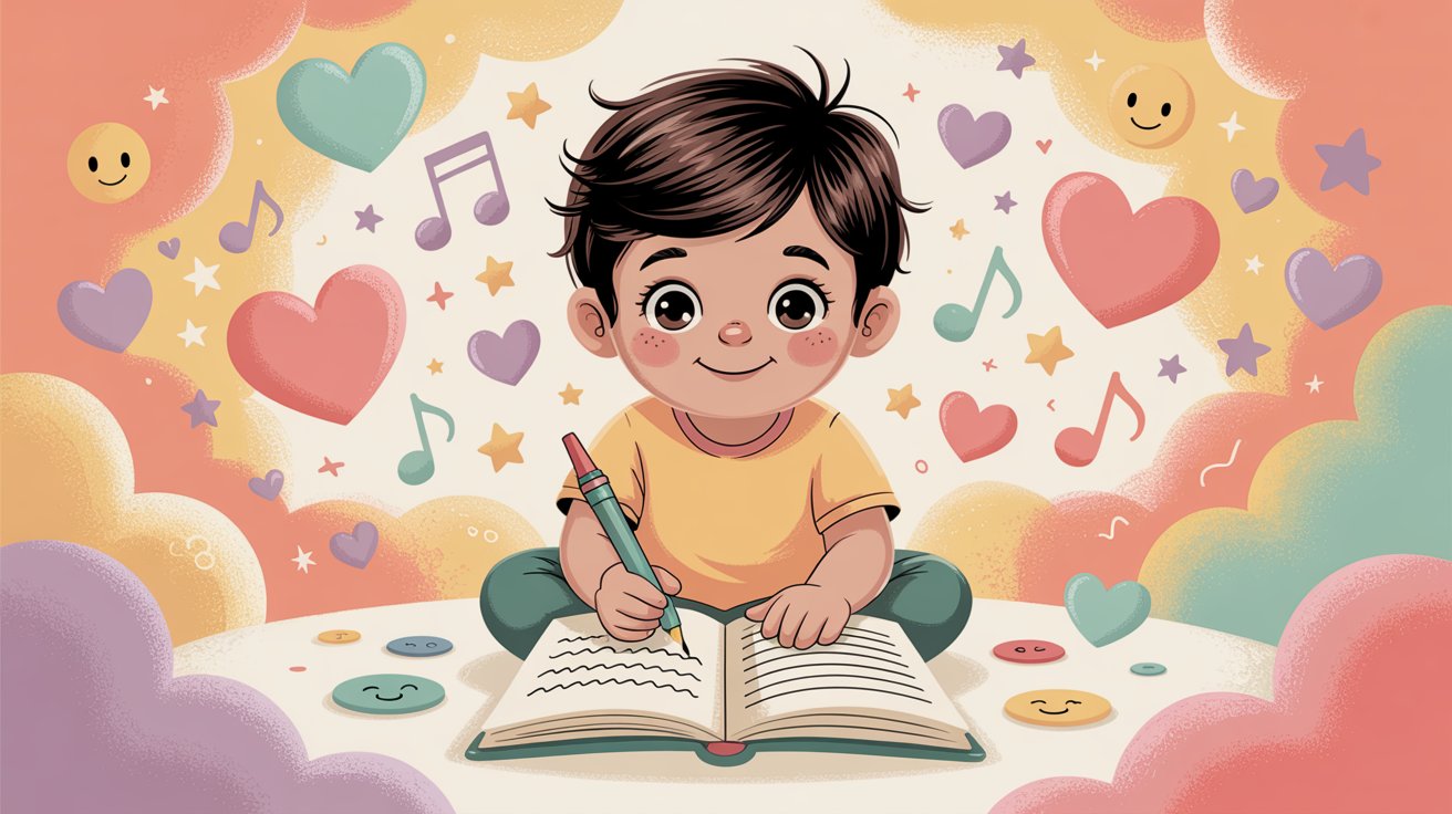 A little boy sits on a fluffy cloud surrounded by colorful hearts and musical notes, evoking a whimsical atmosphere.