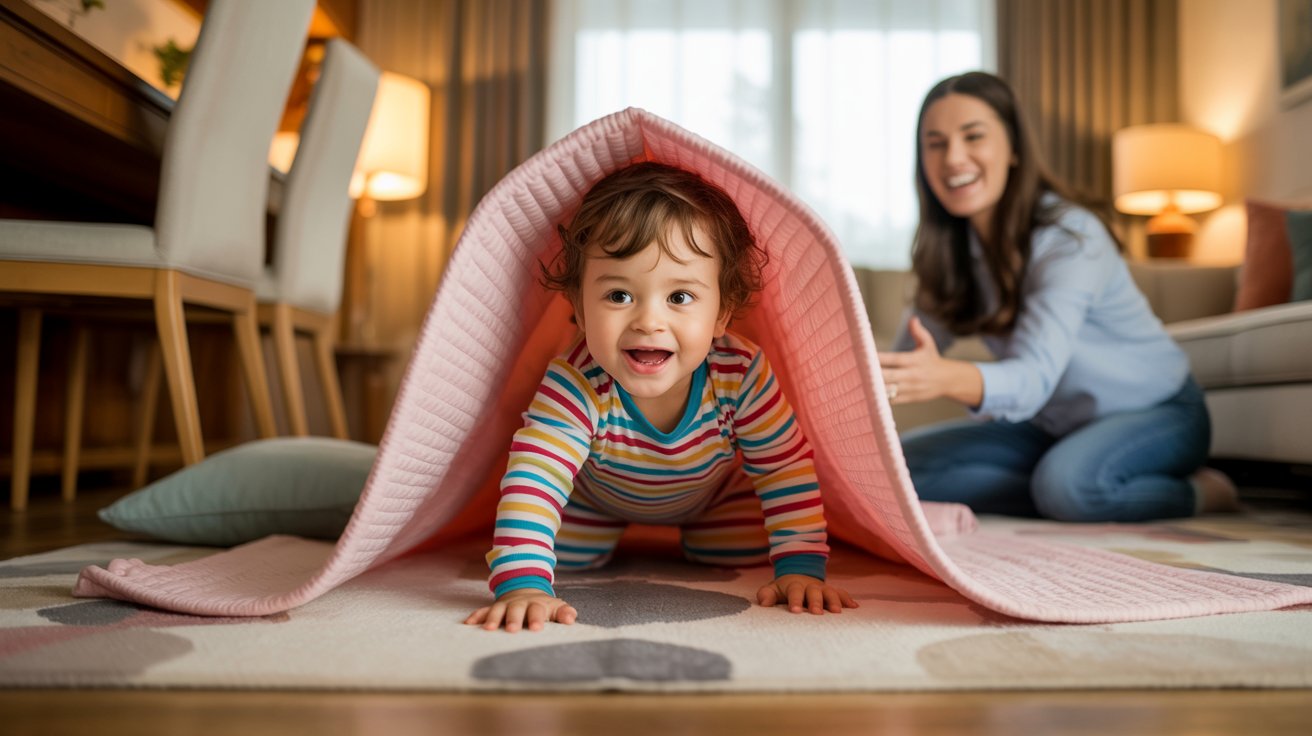 toddler crawling through homemade blanket tunnel