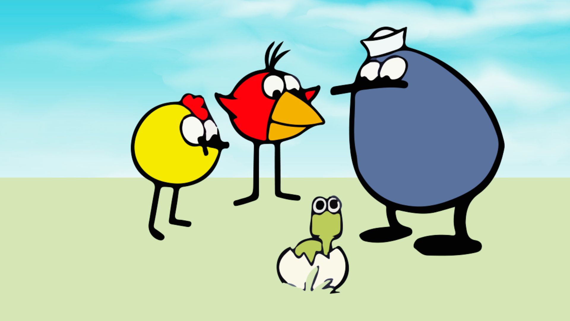 A cartoon bird stands beside a mother bird with a baby, both featured in the show "Peep and the Big Wide World."