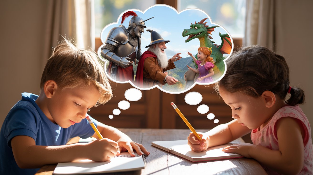 Two children write in a book, with a thought bubble above them, illustrating their imaginative ideas.