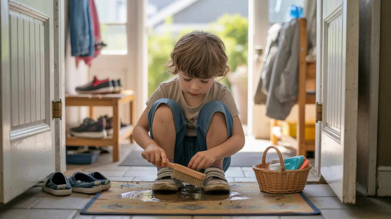 Child cleaning shoes as life skills activity for kids.