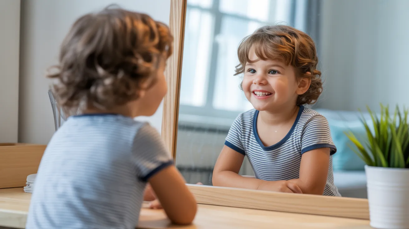 Child smiling confidently while looking in a mirror and practicing positive self-talk in a bright room