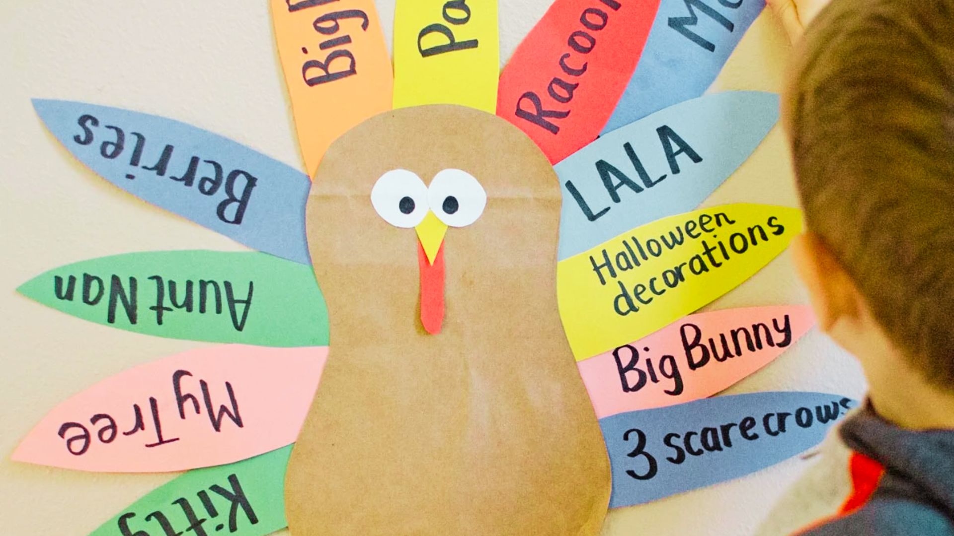 A colorful Thanksgiving turkey craft designed for preschoolers, featuring fun materials and playful decorations.