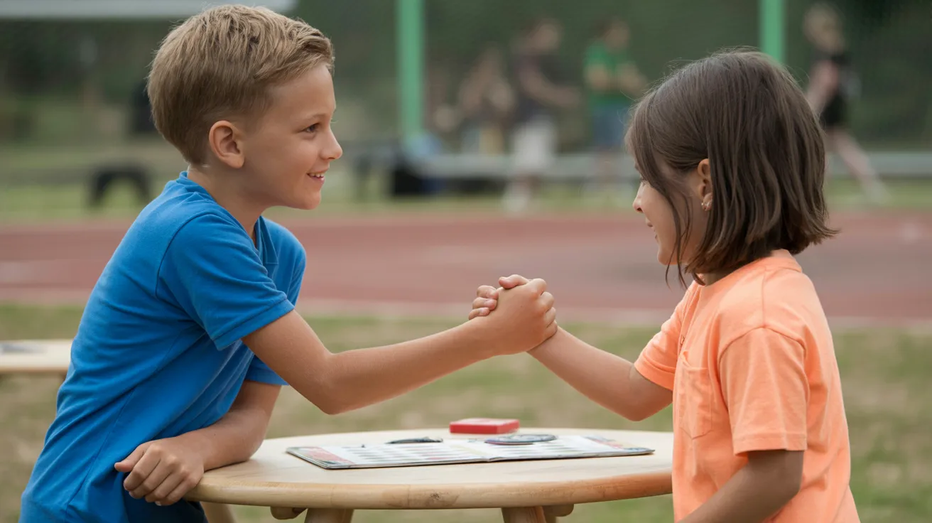 Two kids shaking hands after a game while smiling and showing respect and good sportsmanship