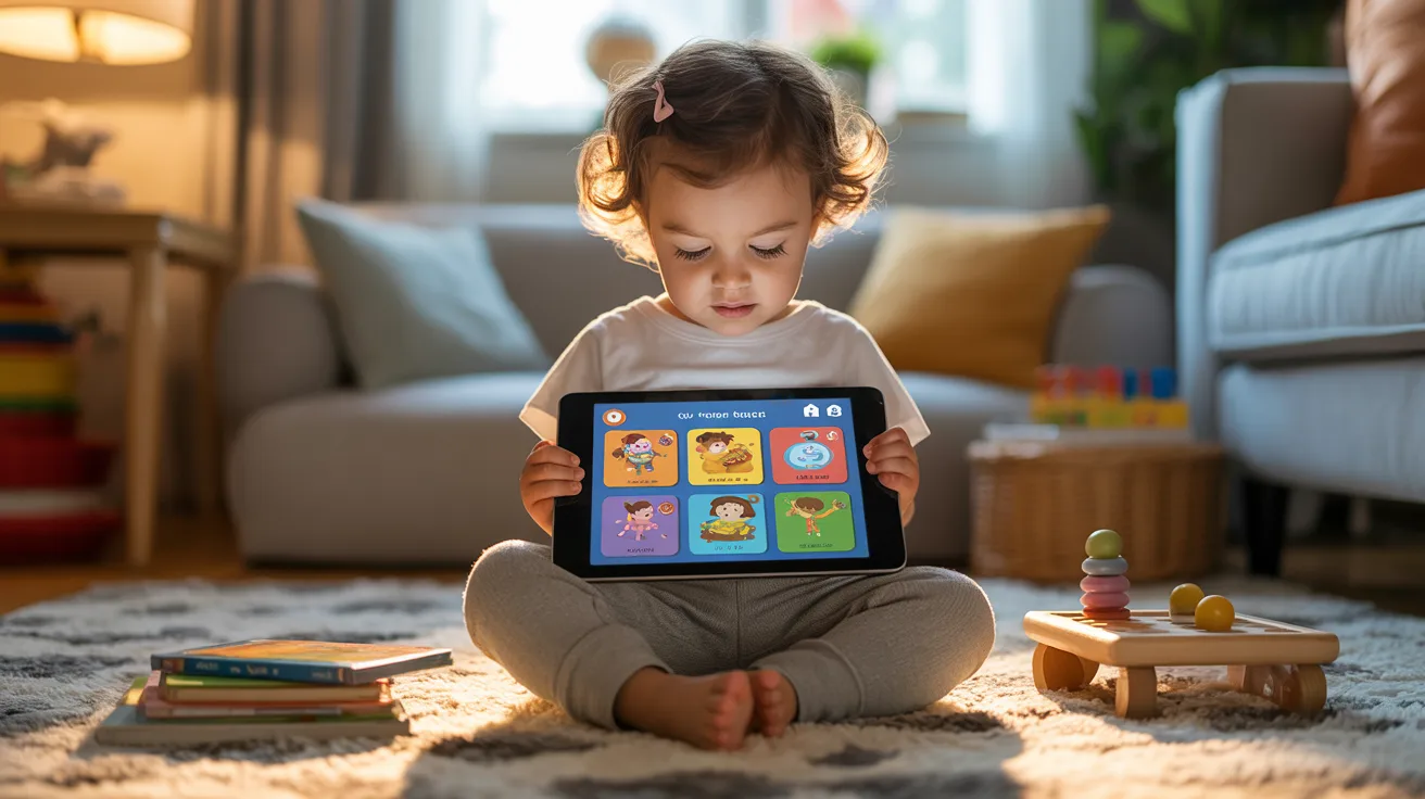Child using tablet for educational learning app in cozy home environment, balanced screen learning with books nearby.