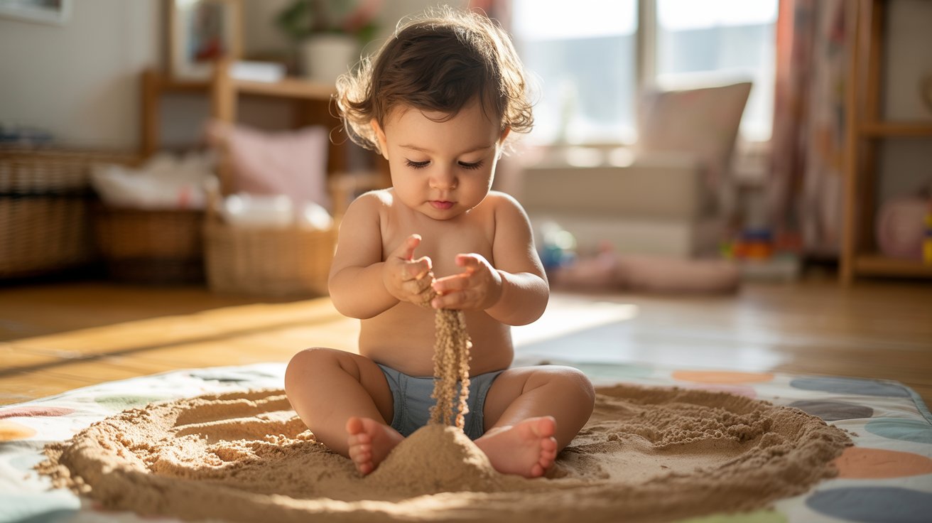 A baby joyfully playing in the sand, surrounded by a sunny beach and colorful toys.
