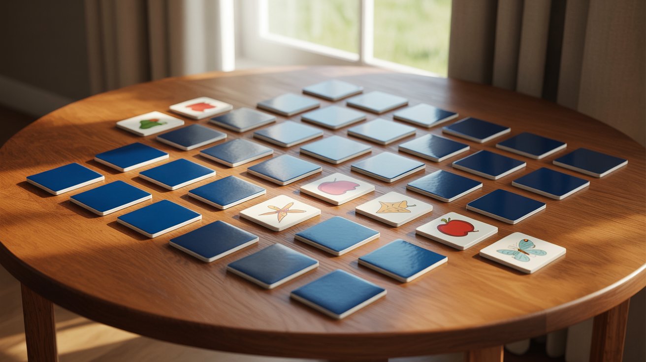 memory cards placed on a round table featuring “apple” “butterfly” and more.