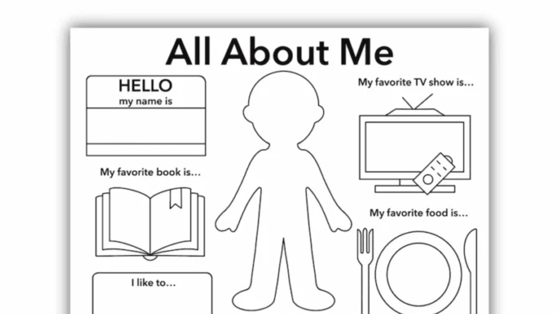 Printable All About Me worksheet with sections for name, favorite book, TV show, food, and interests, a self esteem activity that helps kids identify and share what makes them perfect