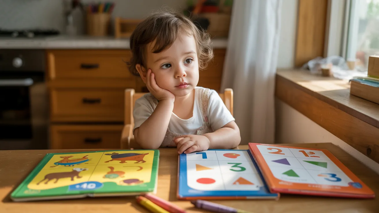 Child choosing between two learning books or activity cards on a table, thoughtful expression, warm home environment.