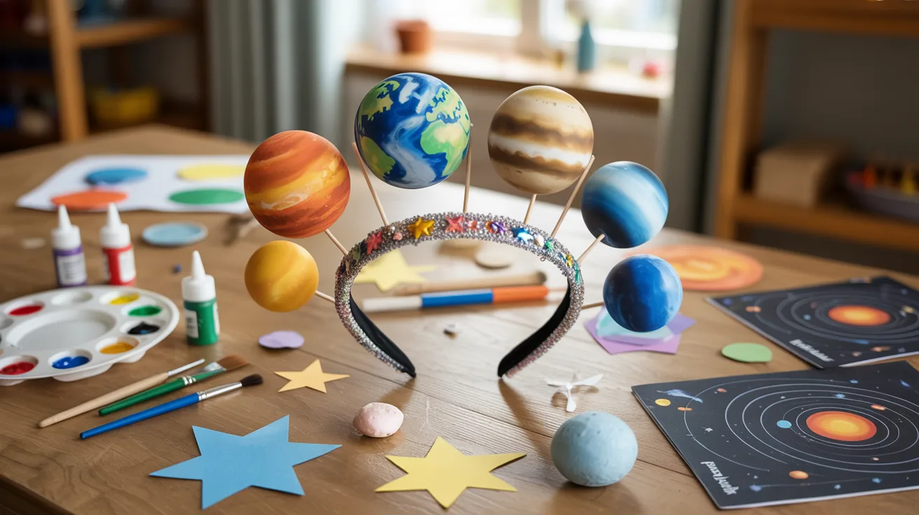 Planet headband craft worn as solar system crown for kids space activity.