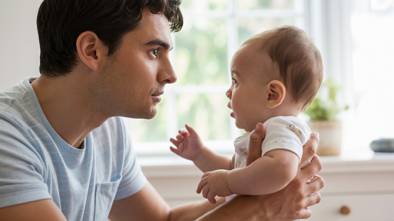 Parent observing baby cry closely to understand needs and emotions