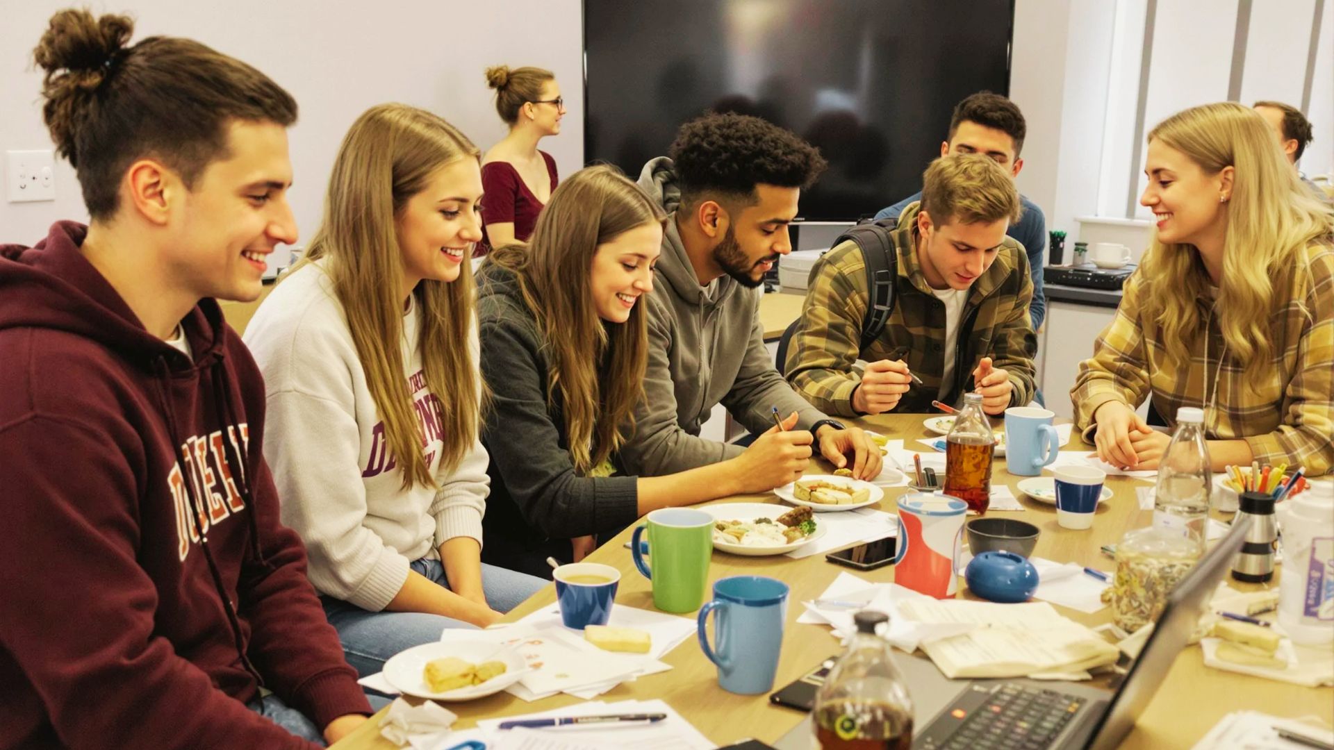 A group of students gathered around a table, enjoying a meal together during a problem-solving activity session.