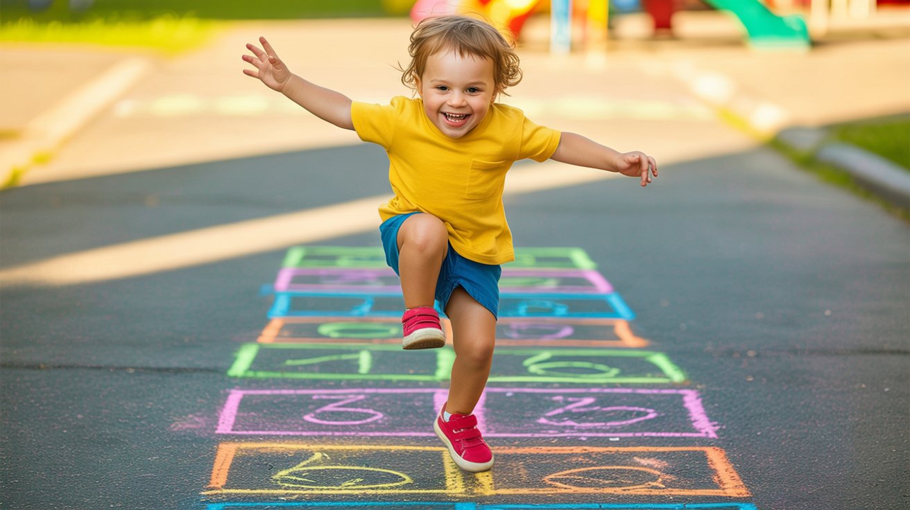 A young child joyfully running across a colorful hopscotch board on a sunny day.