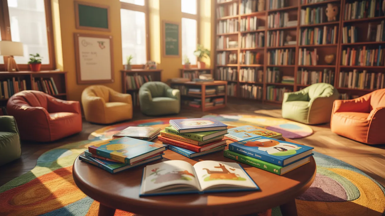 Kids reading club with books placed on a table and comfortable sofas arranged in a cozy reading space designed for group reading and learning.