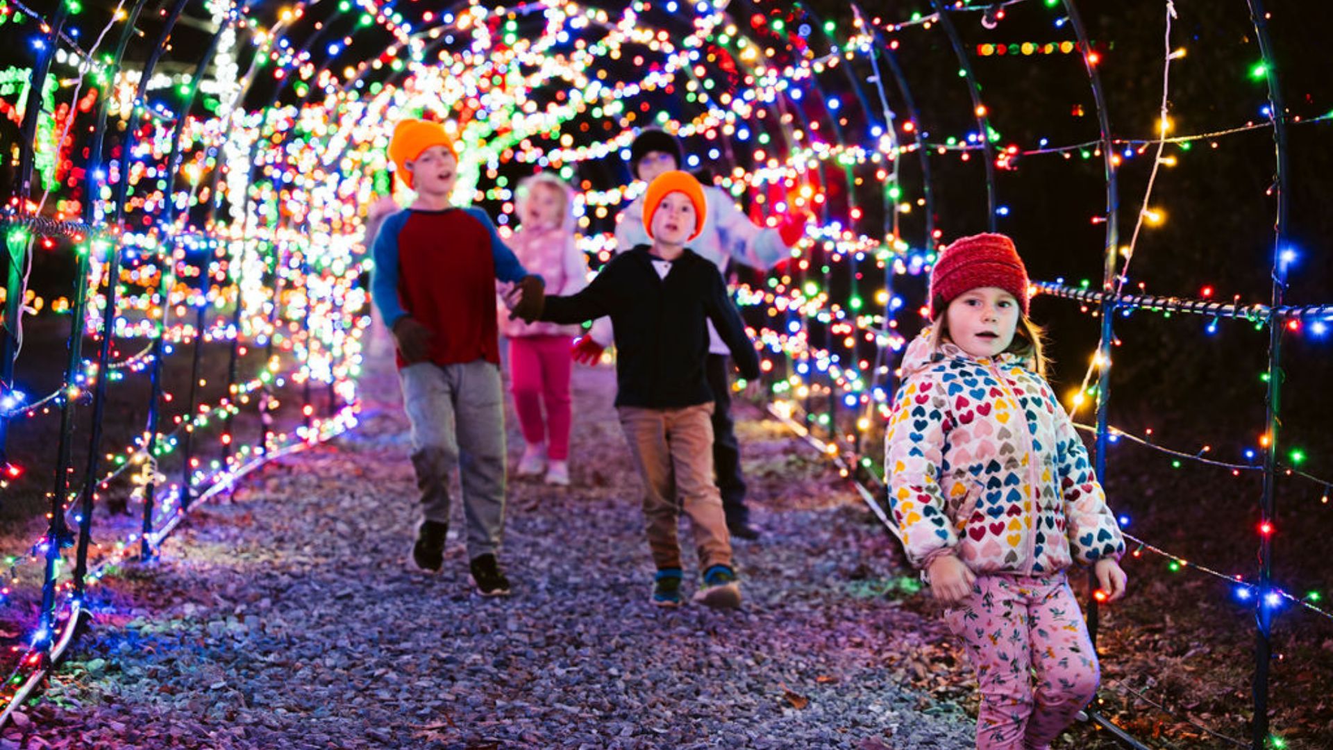 Group of children in winter coats and hats walking through a tunnel of colorful Christmas lights at night.